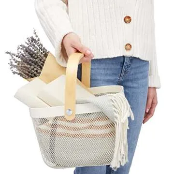 4 Pack Square Metal Mesh Fruit Basket with Wooden Handle for Kitchen, Pantry Storage and Organization (9.5 x 7 In, White)