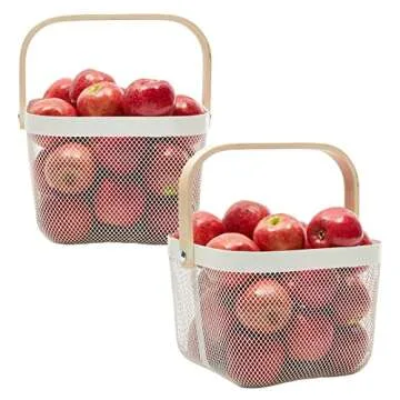 4 Pack Square Metal Mesh Fruit Basket with Wooden Handle for Kitchen, Pantry Storage and Organization (9.5 x 7 In, White)