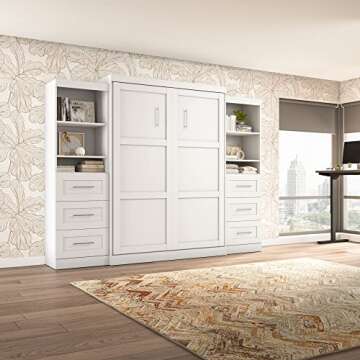 Bestar Pur Queen Murphy Bed and 2 Shelving Units with Drawers, 115-inch Space-Saving Sleeping Arrangement for Multipurpose Area, Bedroom, Guest Room, or Living Room