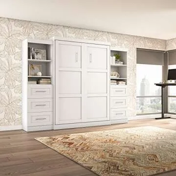 Bestar Pur Queen Murphy Bed and 2 Shelving Units with Drawers, 115-inch Space-Saving Sleeping Arrangement for Multipurpose Area, Bedroom, Guest Room, or Living Room