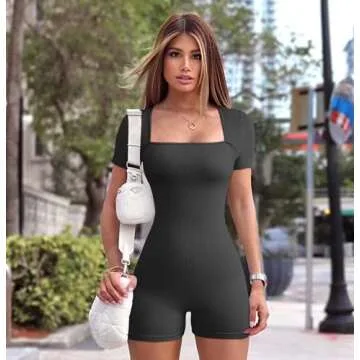 OQQ Women Short Sleeve Rompers Yoga Stretch Square Neck Exercise Rompers Black