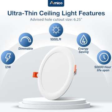 Amico 12 Pack 6 Inch 3CCT Ultra-Thin LED Recessed Downlight with Junction Box, 3000K/4000K/5000K Selectable, 12W Eqv 100W, Dimmable LED Can Lights, 1000LM High Brightness