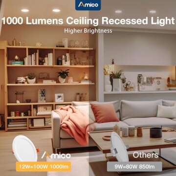 Amico 12 Pack 6 Inch 3CCT Ultra-Thin LED Recessed Downlight with Junction Box, 3000K/4000K/5000K Selectable, 12W Eqv 100W, Dimmable LED Can Lights, 1000LM High Brightness