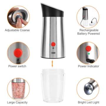 Electric Salt and Pepper Grinder Set: - for Gravity Automatic Sea Salt Grinder Set Spice Pepper Shakers with Adjustable Coarseness USB Rechargeable Battery Power Peppercorn Mill