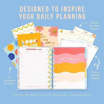 Happy Planner 2023 School Planner, 12-Month Disc-Bound Daily, Weekly, and Monthly Planner, July 2023–June 2024, Dashboard Layout, Super Happy Theme, Classic Size, 7 Inches by 9 1/4 Inches