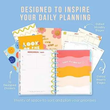 Happy Planner 2023 School Planner, 12-Month Disc-Bound Daily, Weekly, and Monthly Planner, July 2023–June 2024, Dashboard Layout, Super Happy Theme, Classic Size, 7 Inches by 9 1/4 Inches