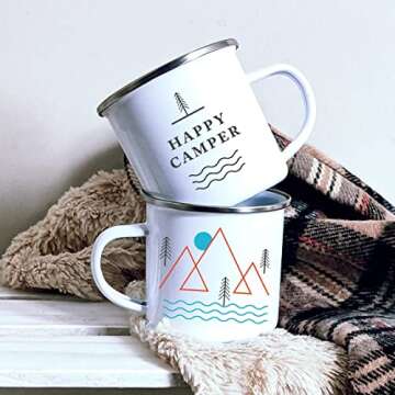 Happy Camper Enamel Camping Mugs SET OF TWO! Get Both A White & A Black Eco-Friendly, Oven-Friendly,...