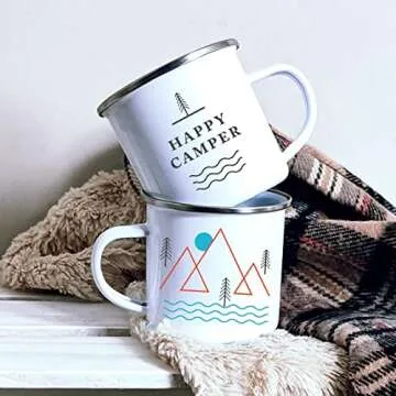 Happy Camper Enamel Camping Mugs SET OF TWO! Get Both A White & A Black Eco-Friendly, Oven-Friendly,...