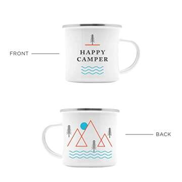 Happy Camper Enamel Camping Mugs SET OF TWO! Get Both A White & A Black Eco-Friendly, Oven-Friendly, Open-Fire-Friendly Cup. The Perfect Size Too: 10 Ounce (295 ml). Plus, It'll Taste Better In These!