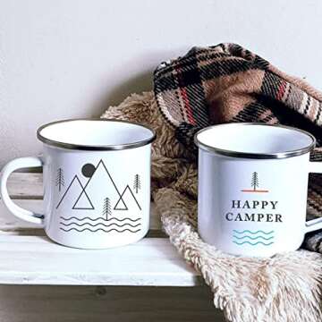 Happy Camper Enamel Camping Mugs SET OF TWO! Get Both A White & A Black Eco-Friendly, Oven-Friendly, Open-Fire-Friendly Cup. The Perfect Size Too: 10 Ounce (295 ml). Plus, It'll Taste Better In These!