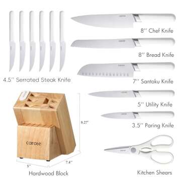 CAROTE 14PCS Kitchen Knife Set with Block, Stainless Steel Blade Knife Block Set, Knife Set with Built-in Sharpener, Razor-Sharp,White