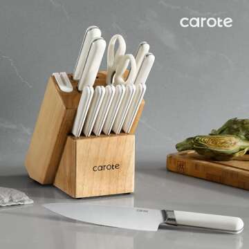 CAROTE 14PCS Kitchen Knife Set with Block, Stainless Steel Blade Knife Block Set, Knife Set with Built-in Sharpener, Razor-Sharp,White