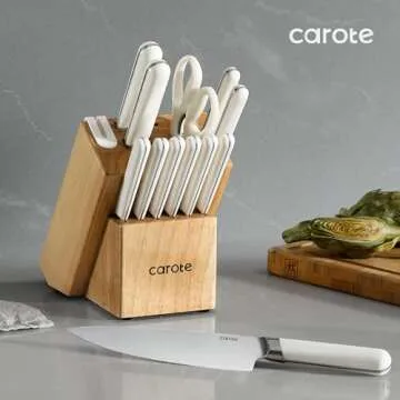 CAROTE 14PCS Kitchen Knife Set with Block, Stainless Steel Blade Knife Block Set, Knife Set with Built-in Sharpener, Razor-Sharp,White