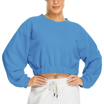 icyzone Women's Oversized Fleece Lined Plain Sweatshirt - Cropped Crewneck in Royal Blue S