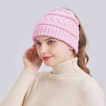 PFFY Ponytail Beanie Hat for Women Winter Warm Knit Beanies High Bun Hats Skull Cap Pink (Ponytail)