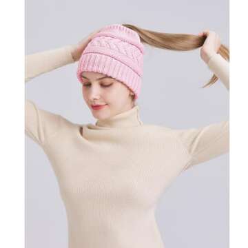 PFFY Ponytail Beanie Hat for Women Winter Warm Knit Beanies High Bun Hats Skull Cap Pink (Ponytail)