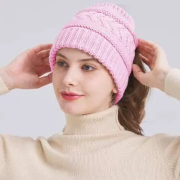 PFFY Winter Beanie Hat with Ponytail Hole for Women