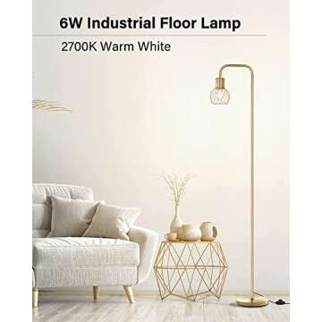 Brass Gold Floor Lamp for Living Room, Modern Industrial Standing Lamp with 6W LED Bulb, Foot Switch...