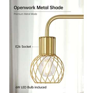 Brass Gold Floor Lamp for Living Room, Modern Industrial Standing Lamp with 6W LED Bulb, Foot Switch, Metal Tall Stand Up Lamp, Minimalist Farmhouse Boho Pole Lamp for Bedroom, Office, Vintage, Rustic