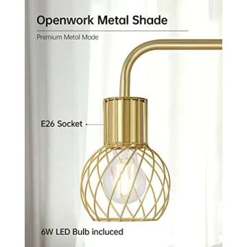 Brass Gold Floor Lamp for Living Room, Modern Industrial Standing Lamp with 6W LED Bulb, Foot Switch, Metal Tall Stand Up Lamp, Minimalist Farmhouse Boho Pole Lamp for Bedroom, Office, Vintage, Rustic