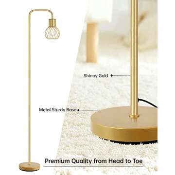 Brass Gold Floor Lamp for Living Room, Modern Industrial Standing Lamp with 6W LED Bulb, Foot Switch, Metal Tall Stand Up Lamp, Minimalist Farmhouse Boho Pole Lamp for Bedroom, Office, Vintage, Rustic