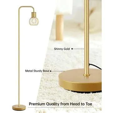 Brass Gold Floor Lamp for Living Room, Modern Industrial Standing Lamp with 6W LED Bulb, Foot Switch, Metal Tall Stand Up Lamp, Minimalist Farmhouse Boho Pole Lamp for Bedroom, Office, Vintage, Rustic