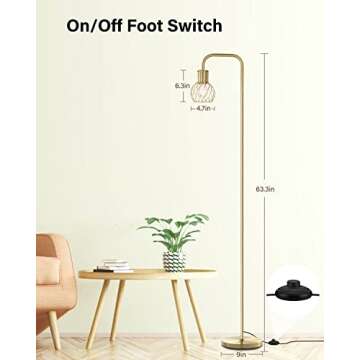 Brass Gold Floor Lamp for Living Room, Modern Industrial Standing Lamp with 6W LED Bulb, Foot Switch, Metal Tall Stand Up Lamp, Minimalist Farmhouse Boho Pole Lamp for Bedroom, Office, Vintage, Rustic