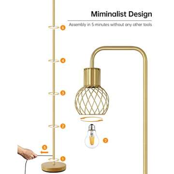 Brass Gold Floor Lamp for Living Room, Modern Industrial Standing Lamp with 6W LED Bulb, Foot Switch, Metal Tall Stand Up Lamp, Minimalist Farmhouse Boho Pole Lamp for Bedroom, Office, Vintage, Rustic