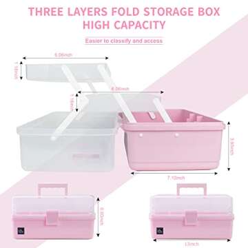 Creahaus 13 inch Art Craft Organizer Storage Box with 3 Layer, Multipurpose Plastic Tool Box with Handle for Sewing, Art Supply, Medicine, Nail, Hair Accessories (Pink)