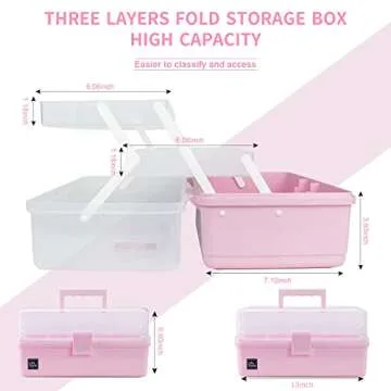 Creahaus 13 inch Art Craft Organizer Storage Box with 3 Layer, Multipurpose Plastic Tool Box with Handle for Sewing, Art Supply, Medicine, Nail, Hair Accessories (Pink)
