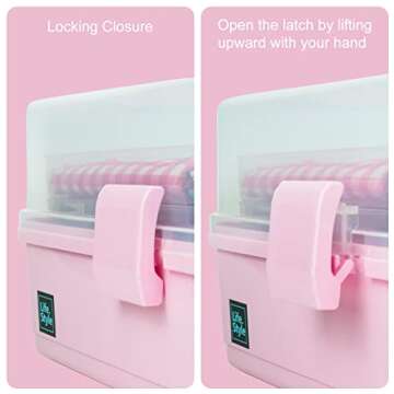 Creahaus 13 inch Art Craft Organizer Storage Box with 3 Layer, Multipurpose Plastic Tool Box with Handle for Sewing, Art Supply, Medicine, Nail, Hair Accessories (Pink)