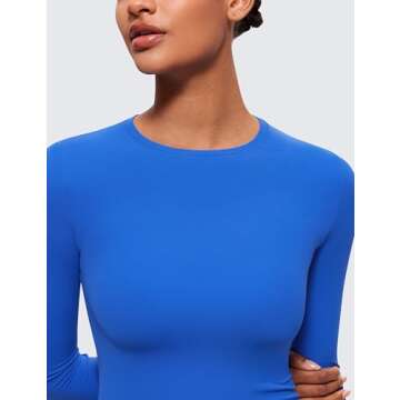CRZ YOGA Long Sleeve Shirts for Women Soft Crew Neck Fall Basic Tight Tops Fitted Casual Going Out T-Shirts Sparkle Blue Large