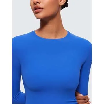 CRZ YOGA Long Sleeve Shirts for Women Soft Crew Neck Fall Basic Tight Tops Fitted Casual Going Out T-Shirts Sparkle Blue Large