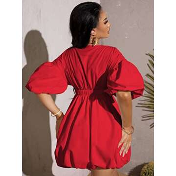 WDIRARA Women's Elegant Deep V Neck Puff Sleeve Mini Dress in Red