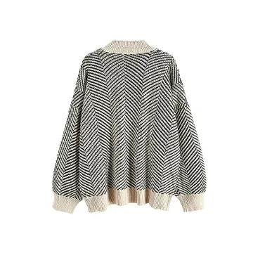 ZAFUL Women's Striped Cardigan Long Sleeve Button Up Open Front Knit Oversized Sweater (0-Stripes)