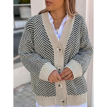 ZAFUL Women's Striped Cardigan Long Sleeve Button Up Open Front Knit Oversized Sweater (0-Stripes)