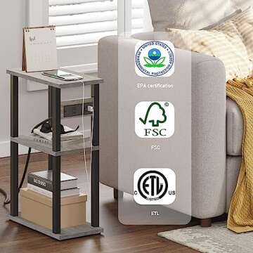 TUTOTAK Narrow Side Table with USB Ports for Small Spaces