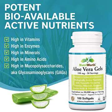 NutriWorth Aloe Vera Supplement (100 Softgels) 20,000mg Pure Gel Equivalency – Made with Organic A...
