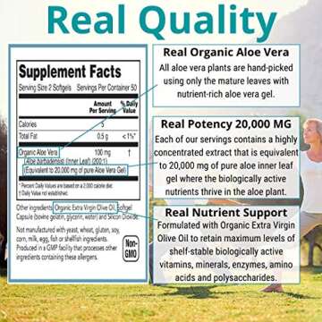 NutriWorth Aloe Vera Supplement (100 Softgels) 20,000mg Pure Gel Equivalency – Made with Organic Aloe Vera