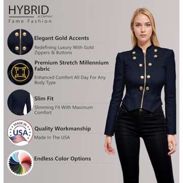 Hybrid & Company Women's Fashion Military Crop Stretch Gold Zip up Blazer Jacket KJK1125 Navy Medium