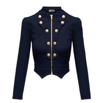 Hybrid & Company Women's Fashion Military Crop Stretch Gold Zip up Blazer Jacket KJK1125 Navy Medium