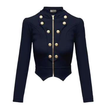 Hybrid & Company Women's Fashion Military Crop Stretch Gold Zip up Blazer Jacket KJK1125 Navy Medium