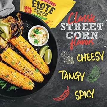 Three Amigos - Elote Mexican Street Corn Snack Mix- Deliciously Crunchy, Tangy, Hot, Sweet & Spicy Snacks - Gourmet Roasted Variety Food Snacks for Adults and Kids (ELOTO MIX 7 oz. 6 Pack)