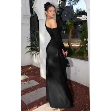Memoriesea Women's One Shoulder Long Sleeve Sexy High Slit Wedding Guest Party Maxi Dress