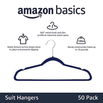 Amazon Basics Slim, Velvet, Non-Slip Suit Clothes Hangers, Navy Blue/Silver - Pack of 50