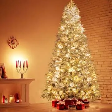 KI Store Artificial Flocked Christmas Tree 7.5ft Unlit Hinged Christmas Fir Tree with Snow Realistic Xmas Tree