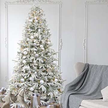 KI Store Artificial Flocked Christmas Tree 7.5ft Unlit Hinged Christmas Fir Tree with Snow Realistic Xmas Tree