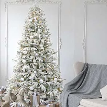 KI Store Artificial Flocked Christmas Tree 7.5ft Unlit Hinged Christmas Fir Tree with Snow Realistic Xmas Tree