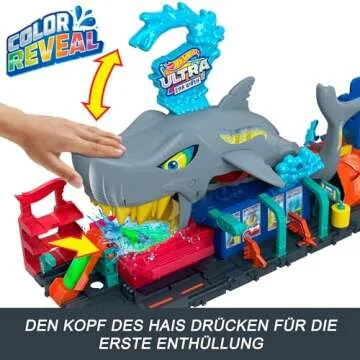 Hot Wheels City Track Set, Ultra Shark Car Wash with 1:64 Scale Color Reveal Toy Vehicle, Repeat Color-Change Feature, Storage