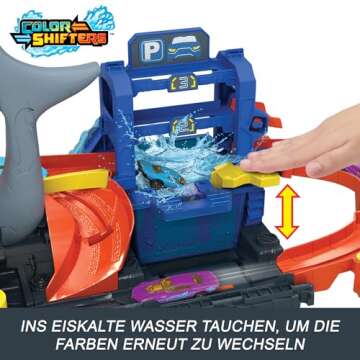 Hot Wheels City Track Set, Ultra Shark Car Wash with 1:64 Scale Color Reveal Toy Vehicle, Repeat Color-Change Feature, Storage